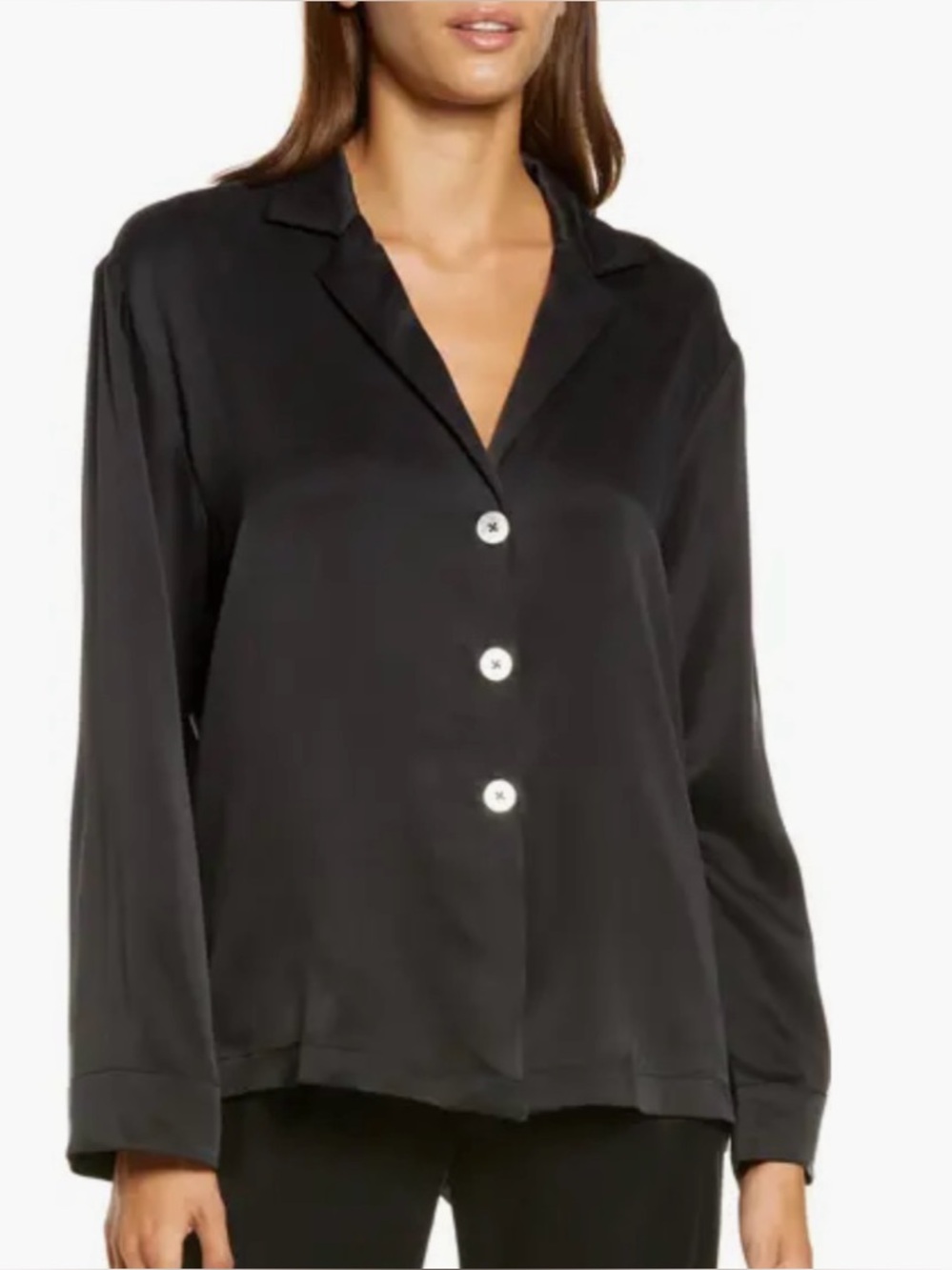 Lunya Washable Silk Pajama Top Lounge Sleep Long Sleeve Black Oversized M L